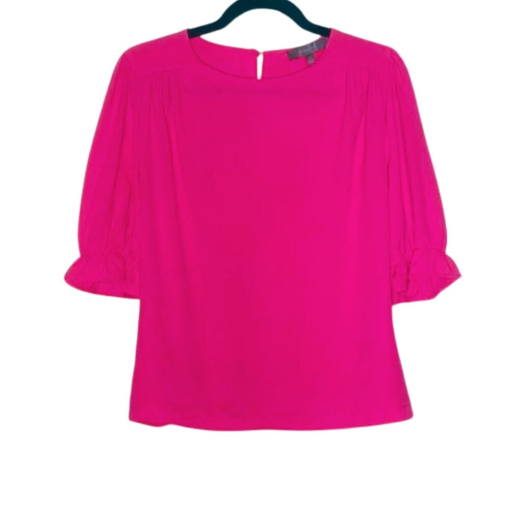 Marled Reunited Clothing Hot Pink Blouse Medium Fuchsia Puff Sleeve Keyhole Top - Picture 2 of 10
